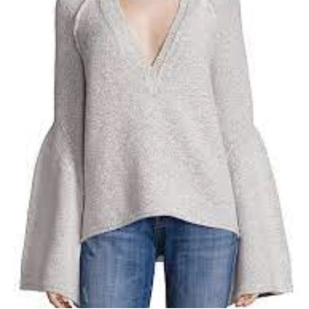 Free People Light Gray V-Neck Sweater w/ Bell Sleeves — Size S